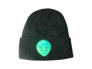 The Beanie from the Hologram Moon Collection by Alien Gear Planet is a stylish and unique accessory. Made from 100% acrylic knit fabric, this black beanie features a glow-in-the-dark design that's sure to captivate you with it's luminous extraterrestrial glow. Perfect for any occasion, this one-size beanie is designed for unisex adults and comes with stretch for added comfort. Designed by the music artist Roksta, this beanie is a must-have for fans or anyone looking to add a touch of alien-inspired style to their wardrobe.

Glows in the dark
100% Acrylic
Unisex
Material: 100% Acrylic / Soft & Warm
Size: Stretchable, One Size Fits All
Measurement: 12 inch long unfolded / 9 inch long folded Roksta
